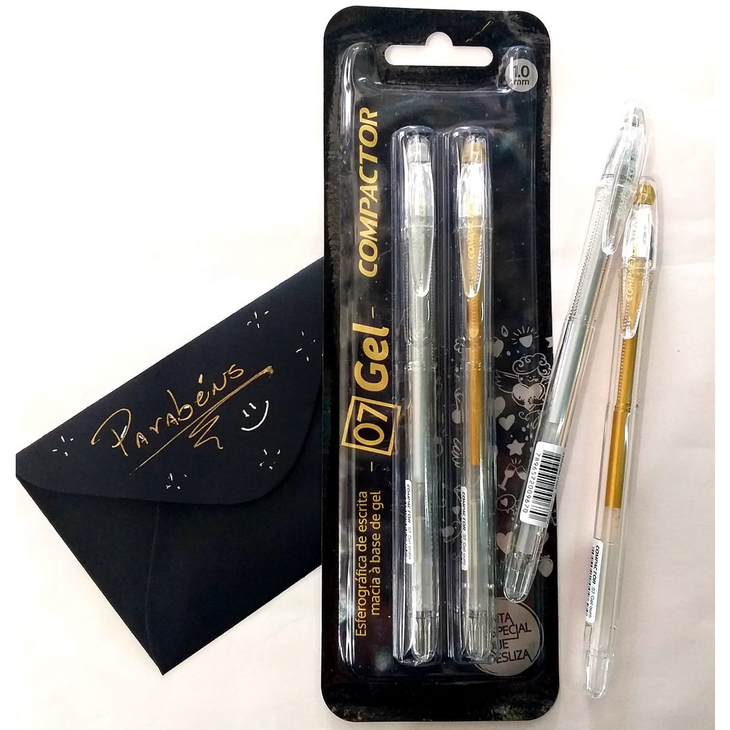 KIT CANETA EM GEL DOURADO E PRATA